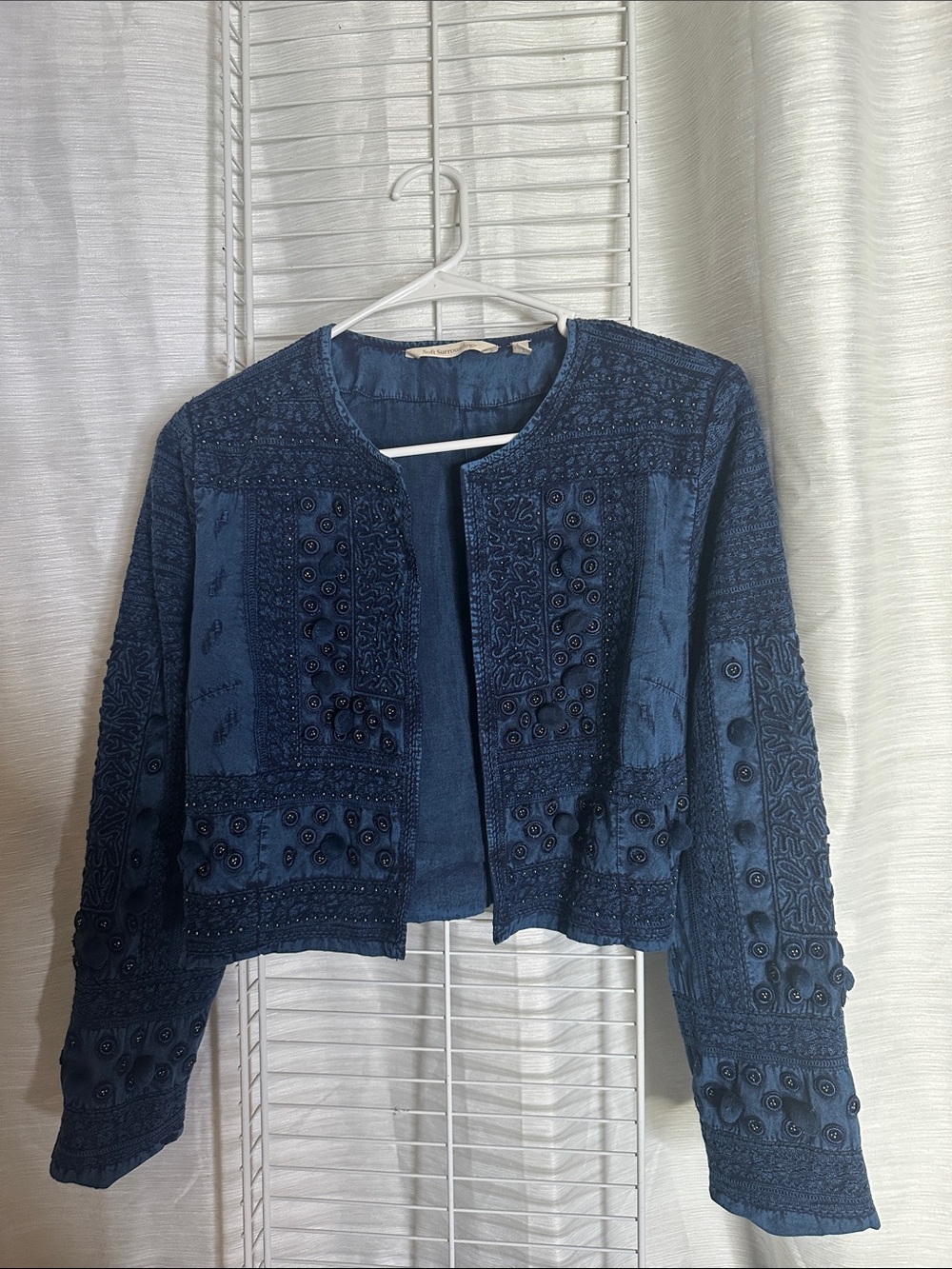 Soft Surroundings Navy Embroidered Open-Front Cropped Jacket